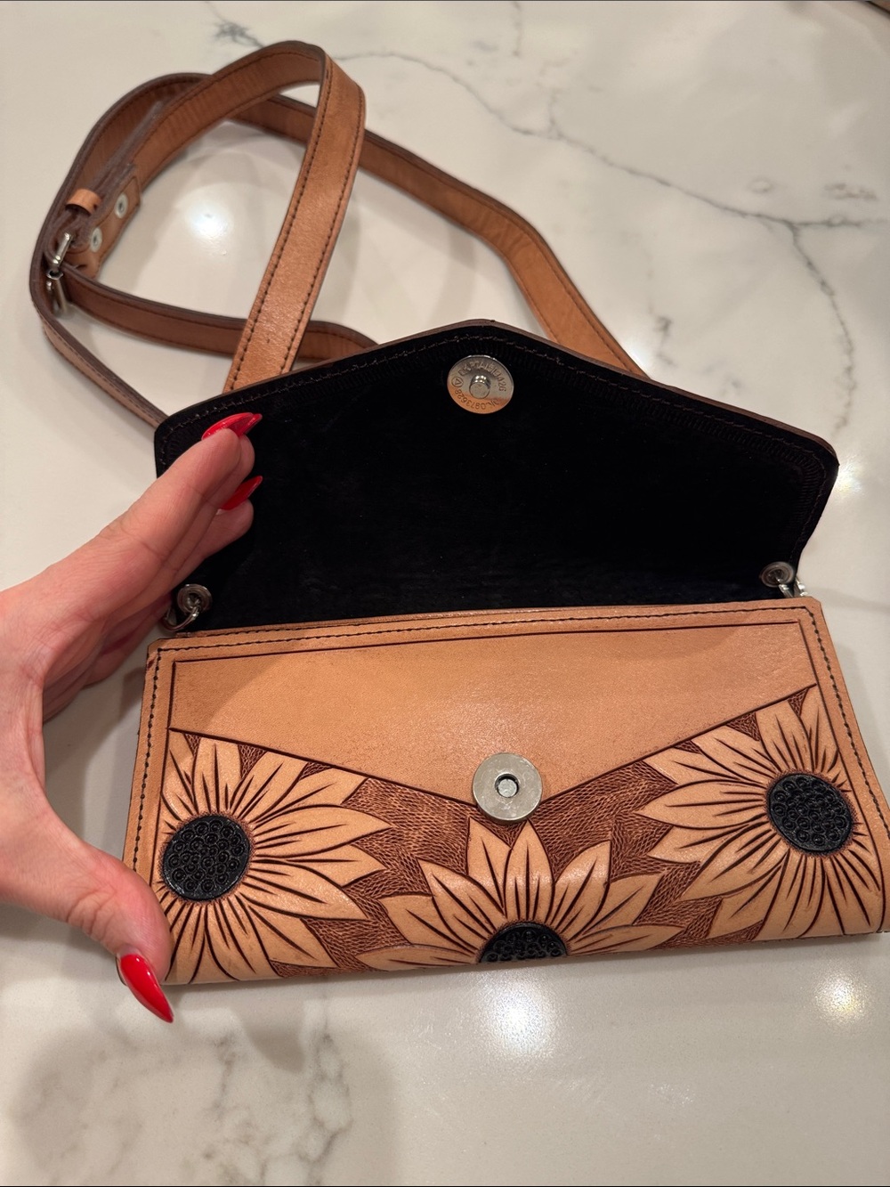 Brown Floral Genuine Leather Crossbody Bag - Picture 2 of 5